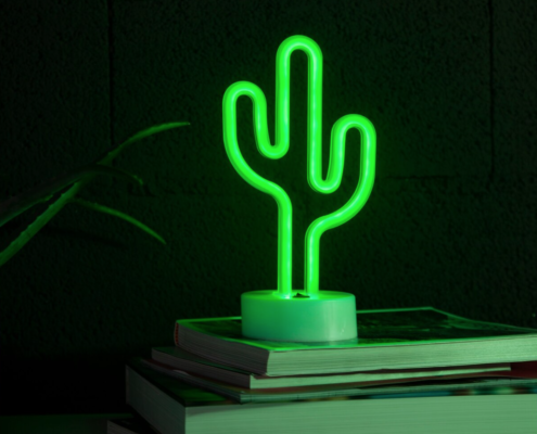 A lit up cactus light in an office